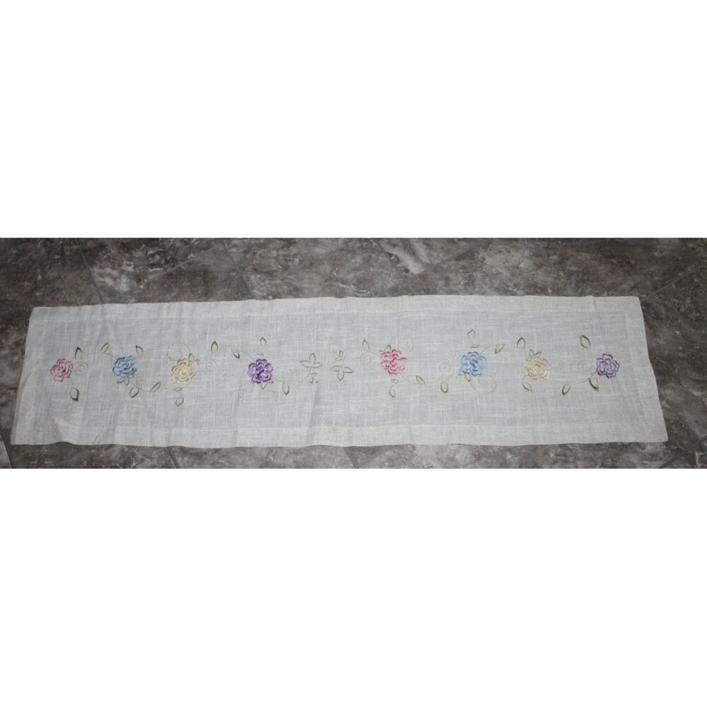 Natural Linen Taupe Embroidered Cutwork Floral Table Runner 13